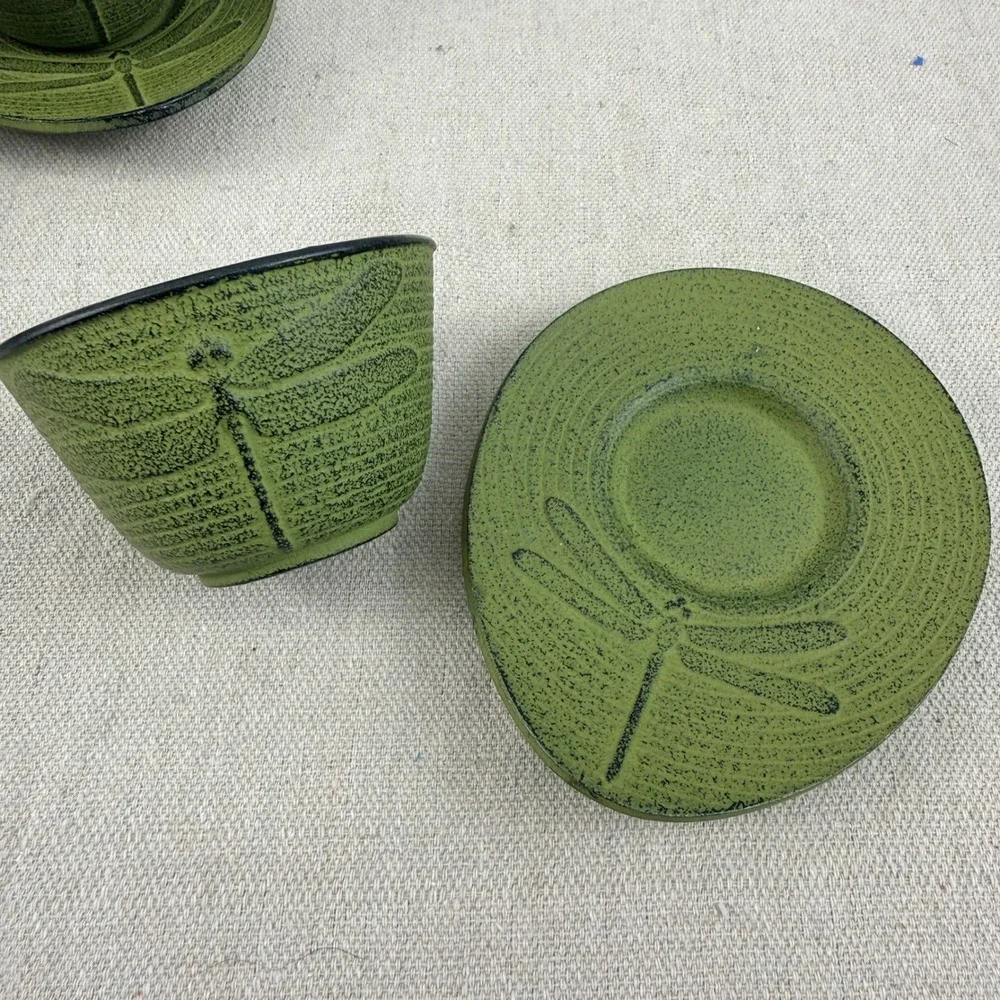 Set of 5 Japanese Cast Iron Dragonfly Tea Cups and Saucers Green Enamel Lining